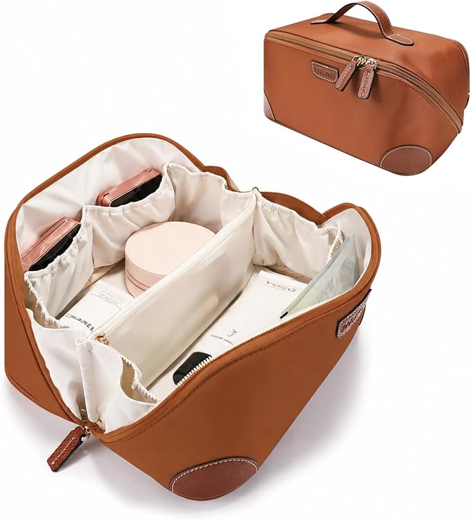 GIVLEFLY Makeup Bag for Women, Large Cosmetic Bag, Travel Toiletry Bag, Waterproof Nylon Organizer with Microfiber Leather, Flat Open for Skincare & Brushes by GIVLEFLY