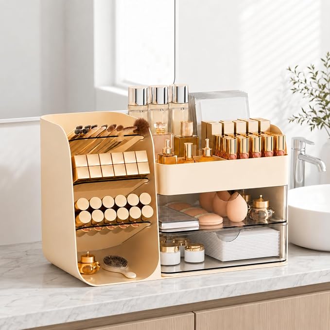 Makeup Organizer Countertop with 2 Drawers, Large Capacity Make Up Organizers for Vanity, Bathroom Organizers and Storage, Cosmetics Organizer Easy To Storage Brushes Eyeshadow Lipstick, Cream - Image 4