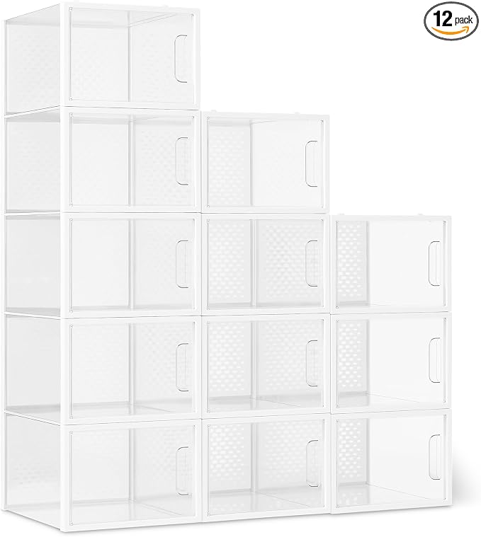 Amazon Basics Stackable and Foldable Clear Shoe Storage Organizer Box, Large, 12-Pack by AmazonBasics