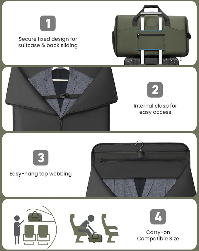 Convertible Garment Bags for Travel, 47L Garment Duffle bag for Hanging Clothes, 3 in 1 Suit Travel Bag for Business Trips with Shoulder Strap, Carry On Suit Luggage for Men,Green - Image 4