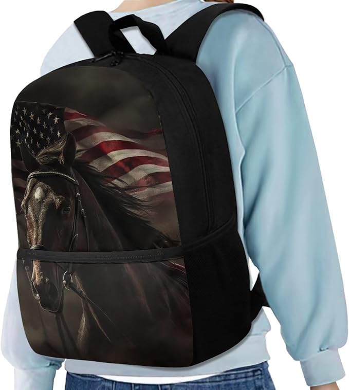 American Flag Horse Backpack for Boys Kids Backpack with Lunch Box Water Bottle Carrier and Soft Pencil Case 4PCS Set Bookbag with Front Pocket for School Teens 17 inch Lightweight School Bag - Image 2