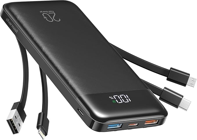 charmast 20000mAh Portable Charger with Built in Cables, 22.5W Travel Power Bank Fast Charging, USB C Cell Phone Battery Pack for iPhone 16/15/14/13/12/11 Series, iPad, Samsung, Android, Tablet