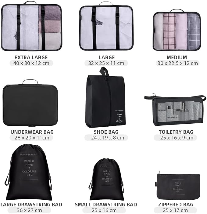 Packing Cubes for Suitcase,Lychico 9pcs Travel Luggage Packing Organizers Waterproof Travel Essentials Bag Clothes Shoes Storage Bags, Black - Image 3