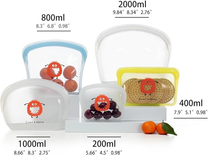 LILY & EDITH Bear Silicone Reusable Snack Sandwich Lunch Food Bag Gift Sets, Leakproof, Airtight, Dishwasher & Microwave & Freezer Safe, Portable,Multipurpose, Adults (White Peach, 5 Pack) - Image 2