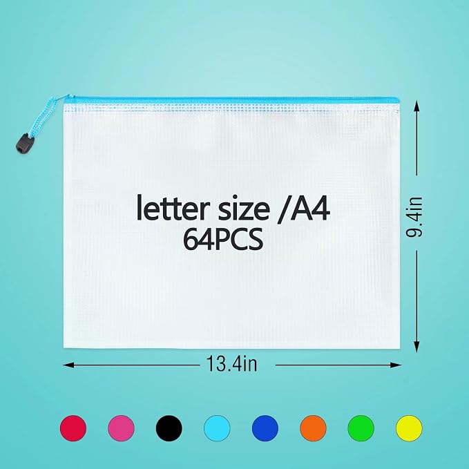 64pcs A4 Mesh Zipper Pouch Bags, Mesh Bags with Zipper Bulk, Pouches for Organization, Clear Storage Bags for Classroom, Travel, Office, Board Game - Image 2