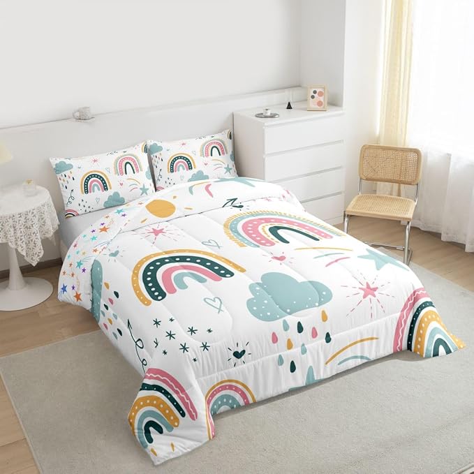 Erosebridal Rainbow Twin Bedding Sets for Girls, Sun and Stars Comforter Set Cartoon Style Cloud Quilt for Kids Boys Children Women Bedroom Decor, Hand Drawn Iridescent Duvet Insert - Image 4