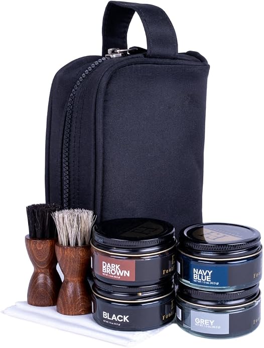 FootFitter Travel Shoe Shine Kit, Conditioning Creams & Applicators | Compact Leather Conditioning Applicators, Premium Shoe Creams, Shine Cloths & Travel Bag for On the Go Shoe Care by FootFitter