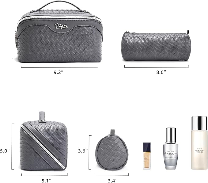 BOYATU Travel Makeup Bag Cosmetic Bags for Women: Large Capacity 3 Pcs Set Make up Bag with Compartments - Waterproof Vegan Leather Toiletry Organizer Bags with Handle (L07Grey) - Image 5