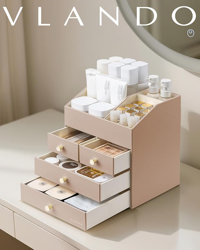 VLANDO Makeup Organizer,Vanity Organizer with Drawers, PU Leather Skincare Organizer Perfume Organizer,Large Cosmetic Display Case for Lipstick,Brushes Gifts for Women, Toffee, 4 Layer - Image 8