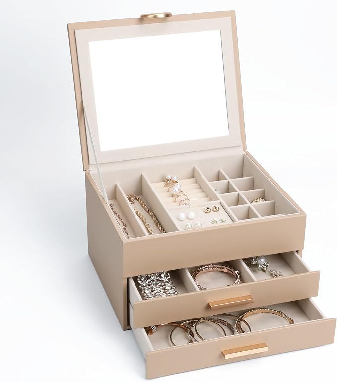 Leather Jewelry Box Premium 3-Layer Jewelry Case with Mirror - Scratch-Resistant Storage for Earrings, Rings, Necklaces, Ideal Gift for Women Apricot - Image 2