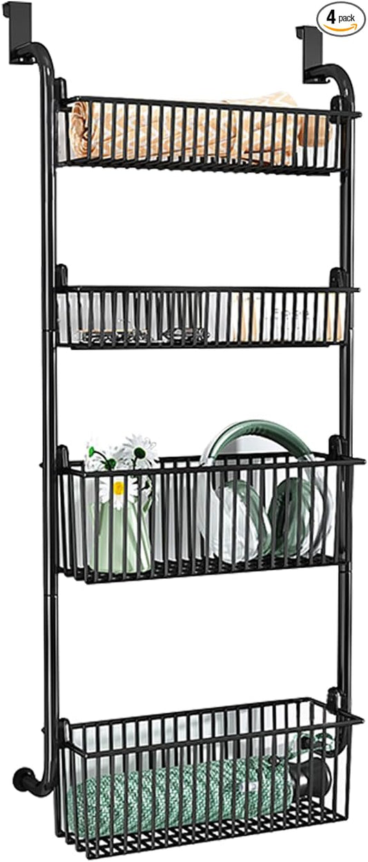 Over the Door Organizer, Metal Behind Door Hanging Storage, Toys Umbrellas Bags Organizer Rack, Large Capacity Organizer for Bedroom Bathroom Kitchen Pantry Closet Cabinet (Black,Four-Tier) by Unknown