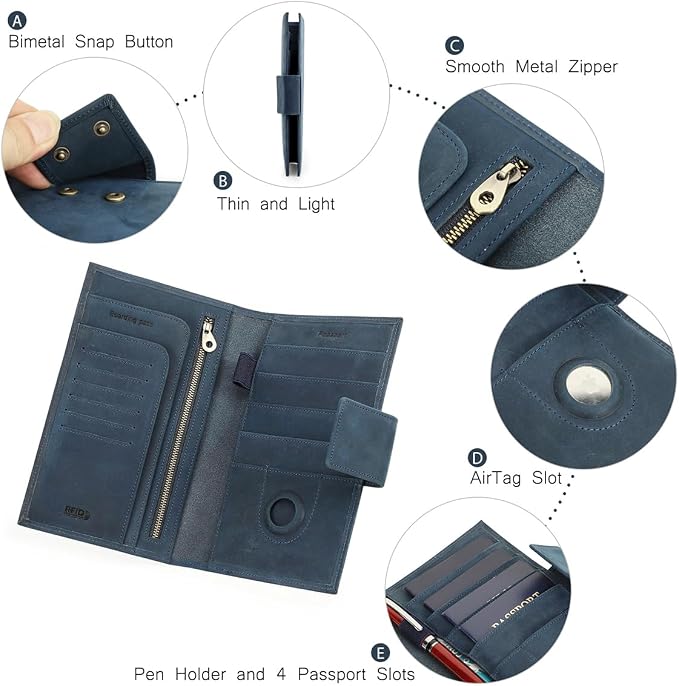 CONTACTS Full Grain Leather Family Passport Holder for 4 RFID Blocking Passport Wallet Compatible with Airtag Passport Cover with 4 Passport Slot, 6 Card Slot (Blue) - Image 7