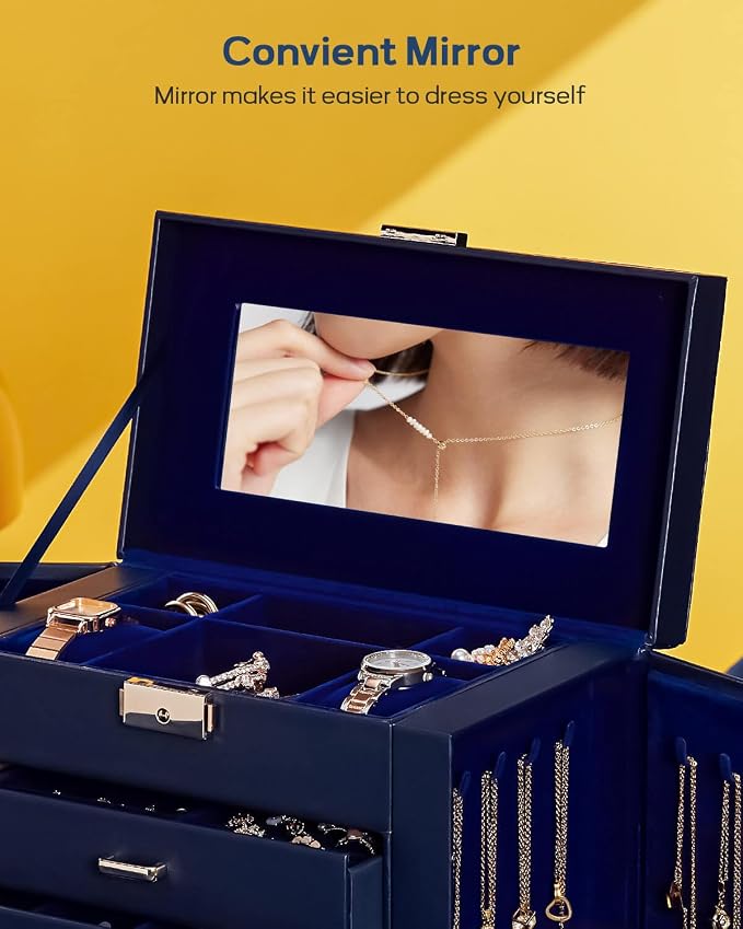 Homde Synthetic Leather Huge Jewelry Box Mirrored Watch Organizer Necklace Ring Earring Storage Lockable Gift Case (Dark Blue + Gold) - Image 7