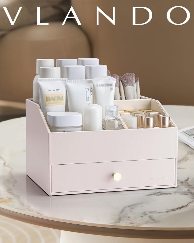 VLANDO Makeup Organizer,Vanity Organizer with Drawers, PU Leather Skincare Organizer Perfume Organizer,Large Cosmetic Display Case for Lipstick,Brushes Gifts for Women-Apricot White - Image 7