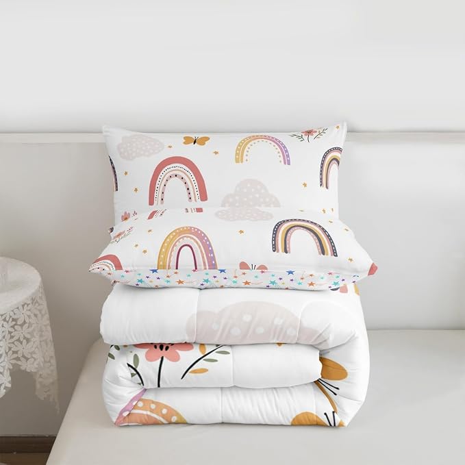 Erosebridal Rainbow King Bedding Sets for Girls,Cartoon Butterfly Comforter Set Flower Floral Bedding Set for Kids Girls Children Women,Stars Hand Drawn Rainbow Bedding Comforters Kawaii Room Decor - Image 7