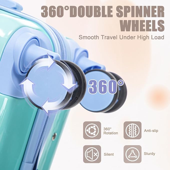 Gradient Color Suitcase 2-Piece Set, 20" Rotating Wheel Suitcase with 14" Cosmetic Case, Lightweight Durable Hardshell Luggage with 360° Spinner Wheels for Travel, Women & Girls (Blue+Yellow) - Image 5