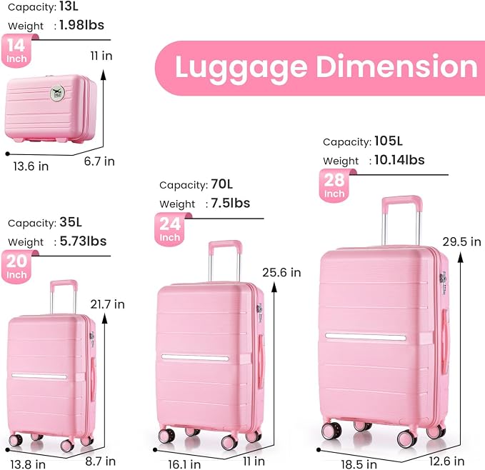Merax Luggage Set 4 Piece Suitcase with Case Expandable Spinner Wheels Hardshell Airplane Approved Luggage Sets,Pink,14/20/24/28 - Image 2