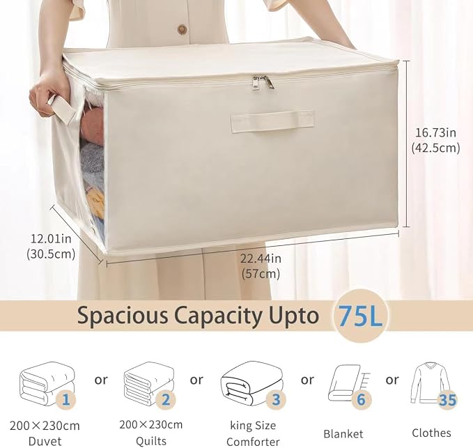 Canvas Comforters Bags Closet Organizers and Storage for Quilts Clothes Organization Containers Bins with Sturdy Zipper, Clear Window 75L for Sweaters Blankets Storage Bedroom Collapsible 6Pack - Image 2