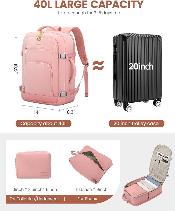 LOVEVOOK Travel Backpack For Women, 40L Carry On Backpack Flight Approved, TSA Personal Item Backpack Fits 17 Inch Laptop, Business Weekender Overnight Waterproof Daypack With 2 Packing Cubes, Pink - Image 3