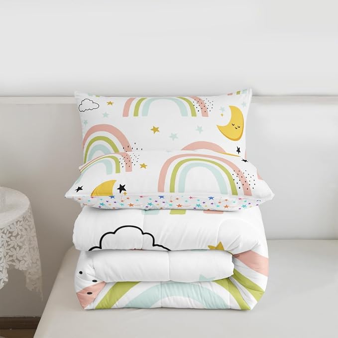 Erosebridal Girls Rainbow Quilt King Size, Cute Stras Moon Comforter Set Cartoon Kawaii Bedding Set for Kids Boys Room Decor, Cartoon Rainbow Ripple Duvet Insert Iridescent Girly Down Comforter 3Pcs - Image 7