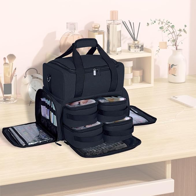 Large Makeup Bag Double Layer with 4 Removable Case,Black | Large Makeup Bag with 4 Removable Case and 2 Removable Dividers Double Layer Travel Cosmetic Makeup Brushes Storage Section - Image 6