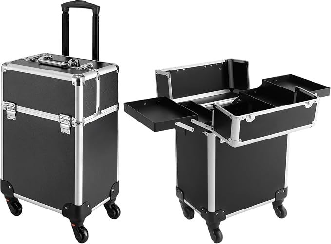 Professional Makeup Train Case, Aluminum Cosmetic Case with Silent Wheels, 4 Folded Tray & Retractable Pull Rod, 13.2Lbs Capacity Rolling Makeup Trolley Case for Travel Makeup/Nail Art/Hair Styling by EcoTypee