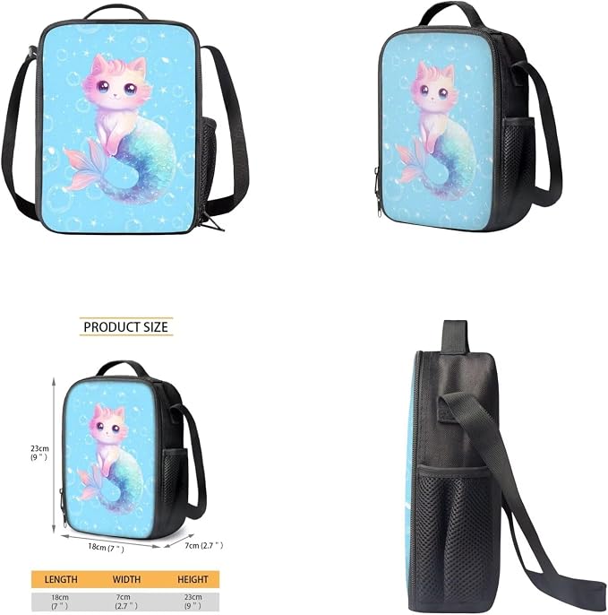 Mermaid Cat Backpack for School Girls Backpack with Lunch Box Water Bottle Holder with Strap and Cute Pencil Case 4PCS Set Bookbag with Front Pocket 17" Sturdy Elementary School Bag for Kids - Image 4