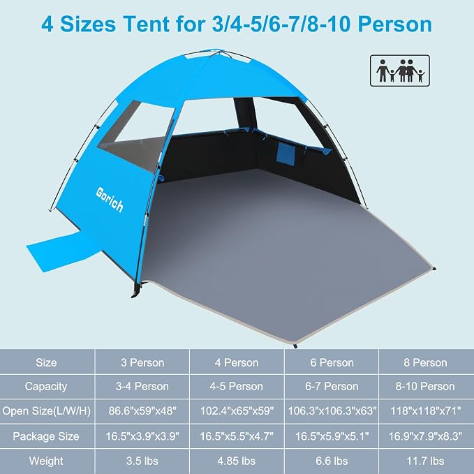 Gorich Beach Tent Sun Shelter for 3/4/6/8/10 Person with UPF 50＋ UV Protection, Lightweight & Easy Setup Beach Shade Canopy, Portable Beach Shade Tent Beach Cabana - Image 2
