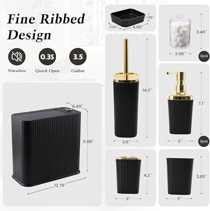 XLHOMO Black and Gold Bathroom Accessories Set - 9 Piece Complete Organization Kit with Slim Pop-up Trash Can, Toilet Brush, Lotion Dispensers, Jars & Soap Dish - Modern Matte Stripe Bathroom Decor - Image 2