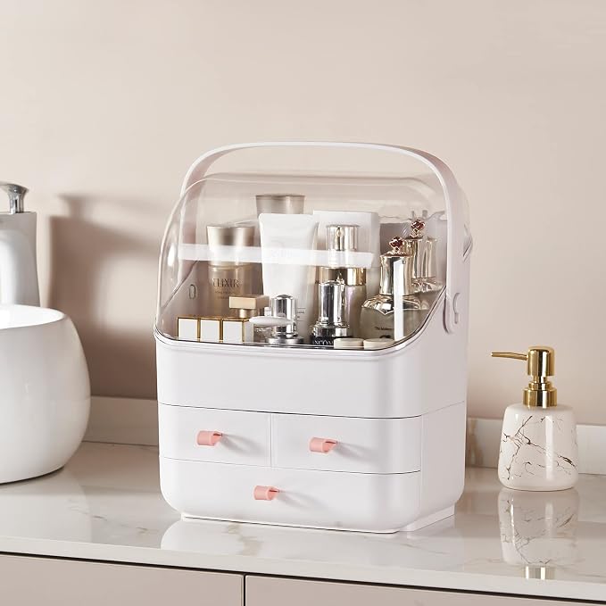SUNFICON Makeup Organizer Cosmetic Organizer Makeup Storage Holder Box Crystal Clear Lid w Handheld 3 Drawers Dustproof Waterproof for Vanity Bathroom Countertop Birthday - Image 6