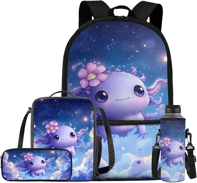 Purple Axolotl Backpack for School Girls 5Th Grade with Lunch Bag Pencil Box Bookbag 3 In 1 Sets for Age 3+ Children Teen Portable Travel Bookbag for Kids, Fit Middle School for Students by Bivxisrvo