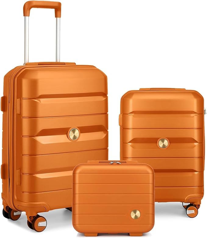 Somago Luggage Sets 3 Piece Hard Shell Polypropylene Suitcase with TSA Lock Spinner Carry On Luggage with Beauty Case Travel Set,Sunset Orange by SOMAGO
