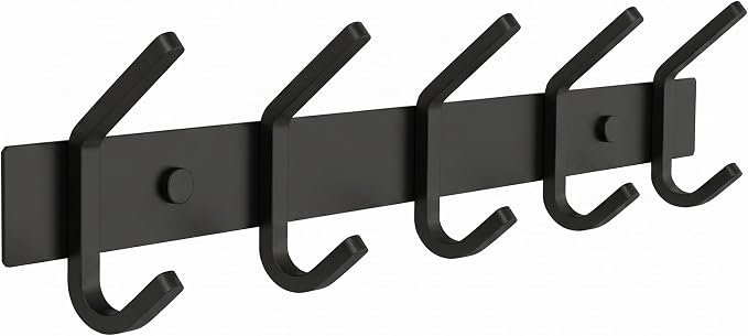 Coat Rack Wall Mount – 15 Inch Stainless Steel Hook Rail with 5 Double Coat Hooks for Hanging – Wall Mounted Entryway Organizer for Coats, Hats, Bags, Towels, Robes, Bedroom or Bathroom - Black by SAYONEYES