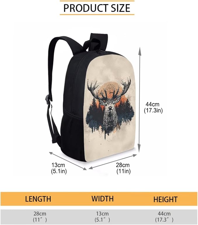 Vintage Deer Forest Print Durable Backpack Set for Boys and Girls, Large Lightweight Schoolbag Set with Lunch Bag Pen Bag, Suitable for Elementary and Middle School Students, Beige - Image 2