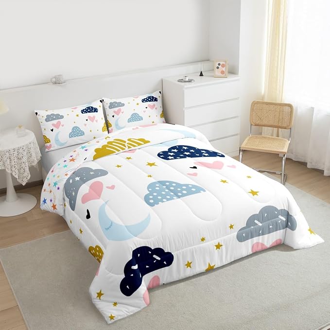 Kawaii Comforter Set With 2 Pillow Cases, Moon Stars Cloud Bedding Set Full Size For Kids Girls Boys Children,Pink Love Heart Quilt Cartoon Rainbow Down Comforter Soft Cozy Lightweight Duvet Insert - Image 4