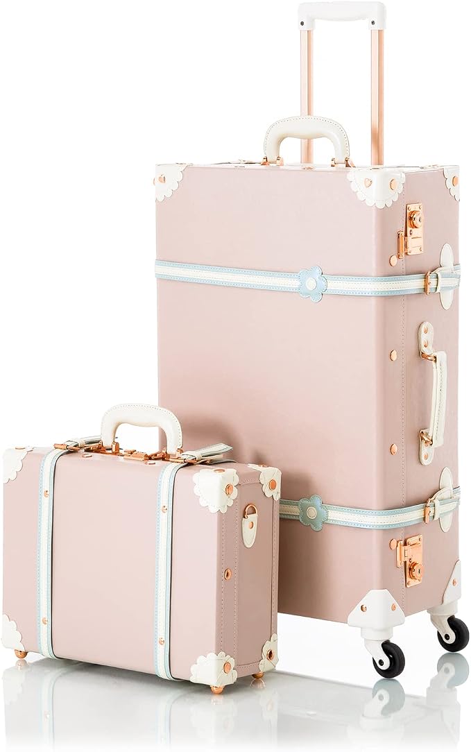COTRUNKAGE Vintage Checked Luggage Sets 2 Piece Suitcase for Women with 16" Suitcase Bag, Cherry Pink by COTRUNKAGE