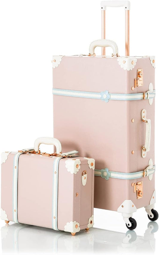 COTRUNKAGE Vintage Checked Luggage Sets 2 Piece Suitcase for Women with 16" Suitcase Bag, Cherry Pink by COTRUNKAGE