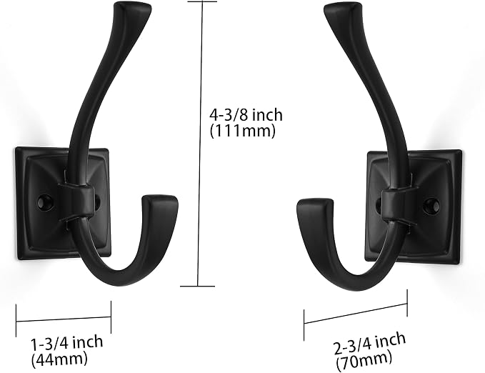 2-Pack Matte Black Coat Hooks - Wall Mounted Double Robe Hooks for Coats, Towels, Bags, Cups, Hats - Image 2