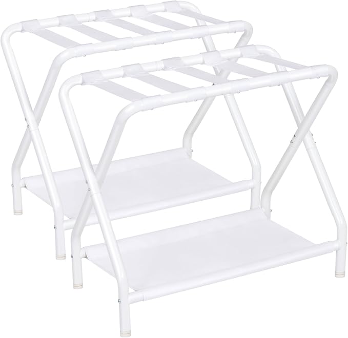 AMHANCIBLE Luggage Rack, Set of 2, Foldable Suitcase Stands for Guest Room, Metal Luggage Holder with Storage Shelf for Bedroom, Hotel, Easy Assemble, White HLR02WT by AMHANCIBLE