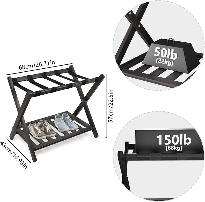 Smuxee Fully Assembled Luggage Rack for Guest Room, Upgraded Bamboo Foldable Suitcase Stand with 5 Nylon Straps, Luggage Holder with Shelf for Bedroom Hotel - Image 6