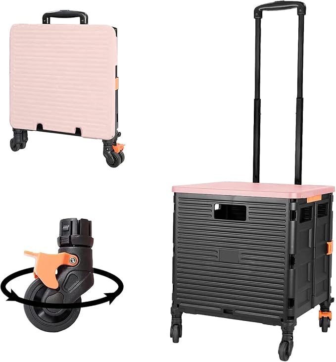 FELICON SELORSS Foldable Utility Cart Folding Portable Rolling Crate-Pink | Heavy Duty,Telescoping Handle,4 Rotate Wheels,Collapsible Handcart for Travel Shop Move Luggage Laundry Teacher Office Use by FELICON