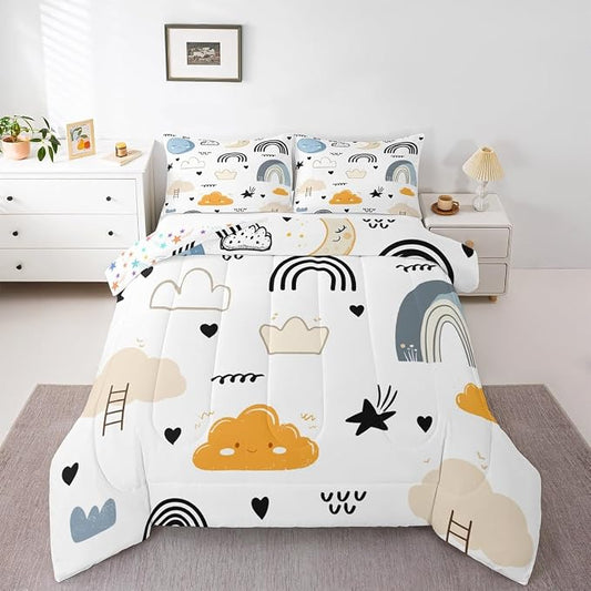 Erosebridal Cartoon Rainbow Comforter Set, Kids Kawaii Cartoon Sun Cloud Duvet Insert Queen, Love Heart Quilt for Boys Girls Children Teens, Hand Drawn Rainbow Bedding Set Soft Microfiber Comforter by Erosebridal