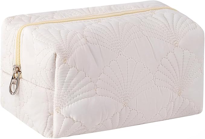 RSRSLEII Small Quilted Cotton Coquette Makeup bag, White Coastal Granddaughter Aesthetic Cosmetic Bag, Cute Seashell Portable Travel Toiletry Pouch (07Small White) by RSRSLEII