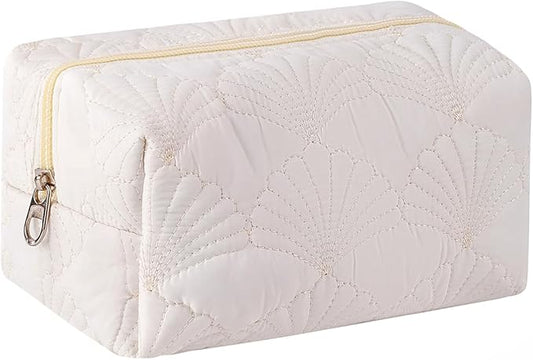 RSRSLEII Small Quilted Cotton Coquette Makeup bag, White Coastal Granddaughter Aesthetic Cosmetic Bag, Cute Seashell Portable Travel Toiletry Pouch (07Small White) by RSRSLEII