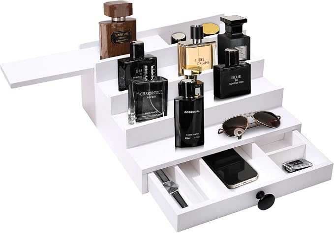 4 Tier White Cologne Organizer, Wooden Display Stand with Drawer Storage | Cologne Shelf and Rack, Perfume Tray, Hidden Storage, Clean Dresser Display, Birthday Christmas Gift for Men - Image 4