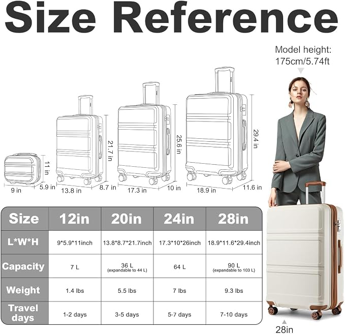Kono 4 Piece Luggage Sets Expandable with Spinner Wheels TSA Lock | Lightweight PC+ABS Hardside Travel Rolling Suitcases 20in 24in 28in Carry on and 12in Mini Cosmetic Case Cream White - Image 3