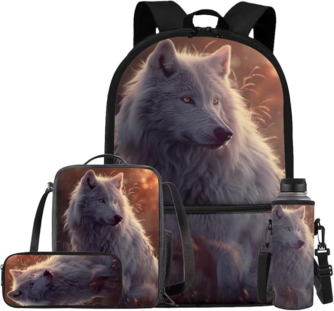 Wolf Backpack for Girls Boys Backpack with Lunch Box Water Bottle Bag and Cute Pencil Case 4PCS Set Bookbag with Front Pocket for School Teens 17 inch Large Capacity School Bag for Kids by ELEDIZI