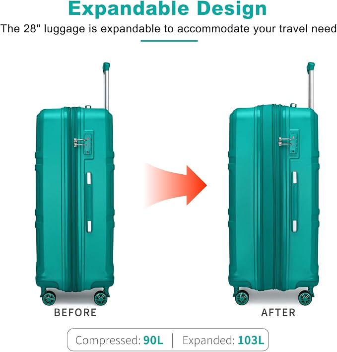 Kono 28 Inch Luggage Expandable Suitcase with Spinner Wheels TSA Lock | Lightweight PC+ABS Hardside Large Checked Luggage Durable Rolling Suitcase Turquoise - Image 3