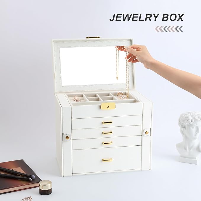 Jewelry Holder Organizer, Large Jewelry Boxes for Women, 5 Layers 4 Drawers Jewelry Box with Handle Jewelry Organizer for Earrings Rings Necklaces Bracelets, White - Image 2