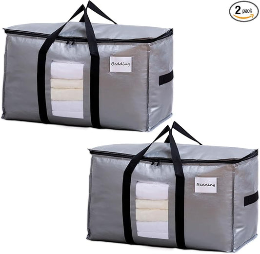 TAILI Extra Large Moving Bags, 2 Pack Silver Heavy Duty Totes For Storage with Visible Window, Wrap Around Handles, Storage Bags for Space Saving, Alternative to Moving Boxes by TAILI